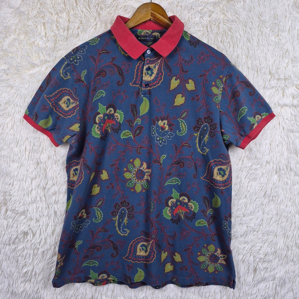 Etro Milano Mens 2XL Paisley Floral Polo Shirt Navy Blue Red Handkerchief Italy